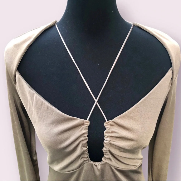 Jason Wu Engracia Long Sleeve Backless Plunge Midi Dress Tan Size Medium Sexy - Picture 3 of 14
